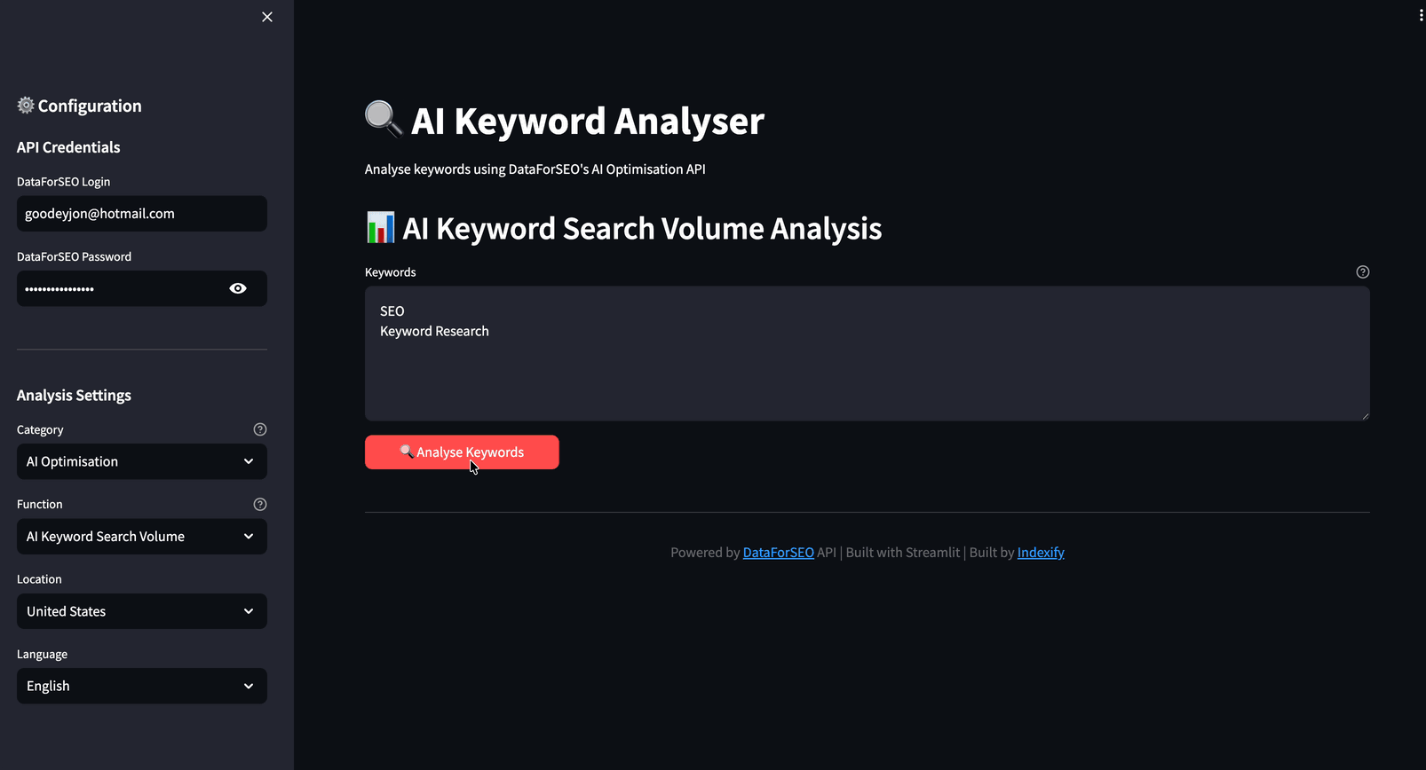 AI keyword analyser screenshot